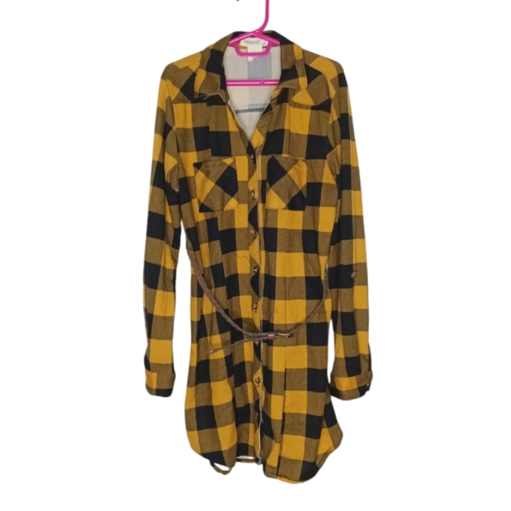 Passport Yellow and Black Plaid Shirt Dress with Belt